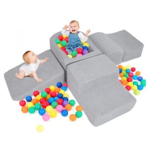5PCS Blocs de Construction en Mousse COSTWAY avec Piscine &agrave; Balles, Housse en Sherpa Lavable pour Enfants 3 Ans+ Gris - Neuf