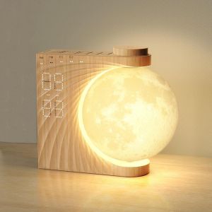 Lampe De Lune Avec Réveil Lumineux,Eveil Lumière Led Radio,Réveil Et Machine Sonore Avec Lumière De Lune Veilleuse,Double Alarme,Fonction Snooze,Lumière De Réveil,10 Sons De La Nature,8 Couleurs - Neuf