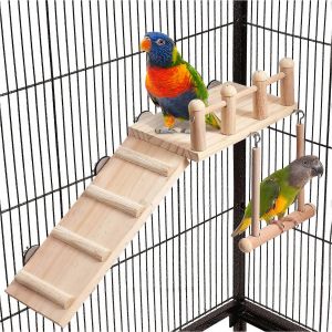 Plateforme De Perchoir Avec Balan&ccedil;oire Et &Eacute;chelle, Accessoires Pour Cage &Agrave; Perruches, Aire De Jeux En Bois Robuste Pour Petits Oiseaux - Neuf