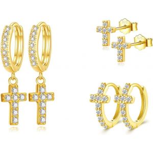 Kal-3 Paires Boucles D'oreilles Croix Boucles D'oreilles Argent 925 Pour Femme Homme Fille Clous D'oreilles Or Zirconium Boucles D Oreilles Pendantes Croix Boucles D Oreilles Femme Créoles - Neuf