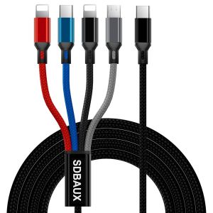 Thef-3a/1.2m Usb C Vers Câble Multi Usb, Nylon Tressé 4 En 1 Cable Avec Type C/2*Ip/Micro Usb Connecteur, Chargeur Pour Téléphone Ios, Samsung Galaxy, Hoor View, Lg, Oneplus, Sony, Xiaomi, Ps5 - Neuf