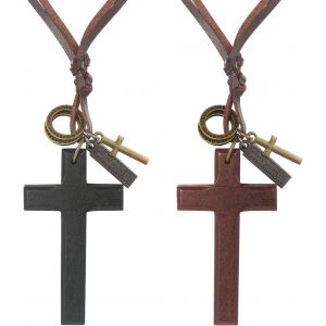 Eryi-Collier En Cuir Avec Pendentif En Forme De Croix En Bois Pour Homme Et Femme Réglable - Neuf