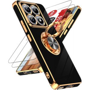 Kal-Coque Pour Xiaomi 14t Pro 5g Avec 2 Verre Trempé Vitre Protection Et Anneau Telephone Rotatif À 360°, Mince En Tpu Souple Etui Antichoc Housse Pour Xiaomi 14t Pro 5g - Noir - Neuf