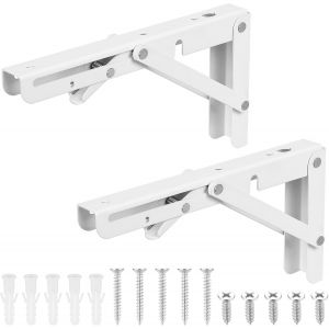 2 Pcs Équerre Pliante 200mm, Equerre Pliable, Support Console Pliable Rétractable, Support Equerre Etagere Murale Pliable, Équerre Étagère Charge Lourds pour Garage Cuisine Chambre, Blanc - Neuf