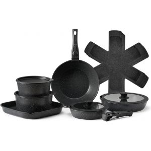 Subzonal-Batterie De Cuisine, 17 Pcs, Ensemble De Casseroles Et Po&ecirc;les &Agrave; Induction Avec Rev&ecirc;tement Anti-Adh&eacute;sif, Poign&eacute;e Amovible Et Couvercles En Verre Tremp&eacute;, Passe Au Four, Pour Camping-Car, Noir - Neuf