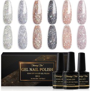 Vernis Semi Permanent Paillettes, 6 Couleurs Paillettes Blanc Argenté Noir Or Rose Vernis À Ongles Gel Soak Off Uv/Led Semi-Permanent Manucure Kit Pour Salon De Manucure Diy Home, 8ml - Neuf