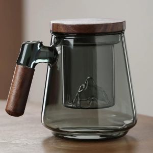 Tasse À Thé En Verre Avec Couvercle Et Passoire - 500 Ml - Grande Poignée En Bois - Verre Borosilicate - Pour Les Amateurs De Thé En Vrac - Cadeau (Bleu-Gris) - Neuf