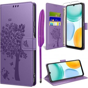 ELVORIX-Coque pour Honor X5c/X5c Plus avec Verre Tremp&eacute;, &Eacute;tuis Rabat Folio Anti-Choc Protection Housse Cuir PU Portefeuille [Fermeture Magn&eacute;tique][Emplacements Cartes][Stand Feature] - Violet - Neuf
