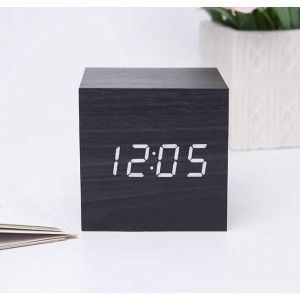 Réveil numérique en bois noir, réveil matin à LED, horloge numérique avec affichage de la date, température, 3 alarmes, 4 niveaux de luminosité, horloge numérique alimentée par batterie ou USB - Neuf