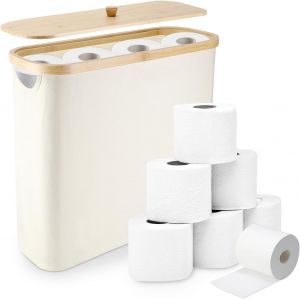 MEVRONISSHOP-Rangement Papier Toilette, 25L Panier Papier Toilette avec Bambou Couvercle pour 12 Rouleaux, Tissu Oxford, Imperm&eacute;able &agrave; l'eau, Pliable Range Papier Toilette pour Salle de Bain et Maiso - Neuf