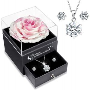 Cadeau Fete Des Meres, Rose Eternelle Avec Argent 925 Collier Et Boucles D'oreilles, Préservée Vraie Rose Avec Bijoux Elégants, Cadeau Fête Des Mères Pour Maman, Cadeau Anniversaire Femme - Neuf