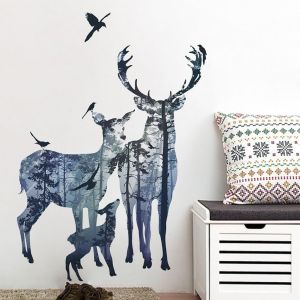 FAMILLE des CERVIDÉS stickers muraux (78x109 cm) je décoratifs auto-adhésif mural autocollant animaux oiseaux de la forêt, arbre, je Déco pour la salle de séjour chambre à coucher - Neuf