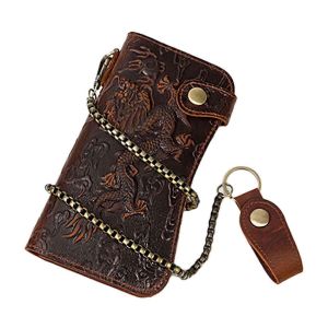 JSBWSFA en Cuir V&eacute;ritable RFID Blocage Long Bifold Wallet Chain Portefeuille de Style Vintage de Pi&egrave;ce de monnaie, Ch&eacute;quier porte-monnaie Motif Dragon - Neuf