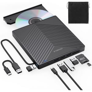 Lecteur CD Externe USB 3.0 et Type-C Portable CD/DVD +/-RW Graveur DVD Externe, Ultra Mince Lecteur DVD Externe pour PC Laptop Desktop iMac MacBook Pro/Air Windows 11/10/8/7/XP Linux Mac OS - Neuf