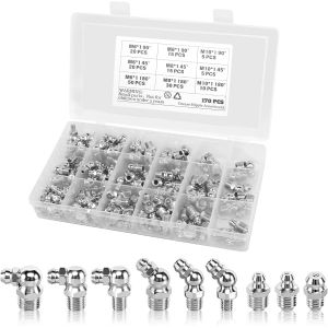 MEVRONISSHOP-170 Pi&egrave;ces Graisseur a Visser Assortiment de Graisseur Graisseur M6 M8 M10 Embout Graisseur Graisseur a Visser Inox 45&deg; 90&deg; 180&deg; avec Bo&icirc;te en Plastique pour &Eacute;quipement M&eacute;canique Pompe a - Neuf