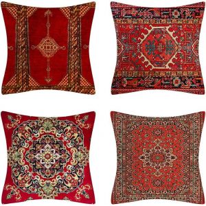 Kalanka-Housses De Coussin D&eacute;coratifs 45x45 Ethnique Rouge Turques Tapis Oriental Taie D'oreiller Coton Lin Carr&eacute; D&eacute;cor &Agrave; La Maison Chambre Ext&eacute;rieure Canap&eacute; Salon D'int&eacute;rieur 18x18,Lot De 4 - Neuf