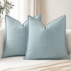 CAUC-Lot de 2 housses de coussin d&eacute;coratives &agrave; carreaux doux avec bords cousus de style boh&egrave;me et rustique pour canap&eacute;, terrasse, chambre &agrave; coucher, salon, bleu clair - Neuf