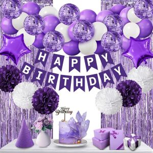 MEVRONISSHOP-D&eacute;corations d'anniversaire violet pour femmes, Guirlande Happy Birthday, banni&egrave;re de banderole,pompons, rideau de feuille d'aluminium violet pour Bday Engagement Anniversary Party Decor - Neuf