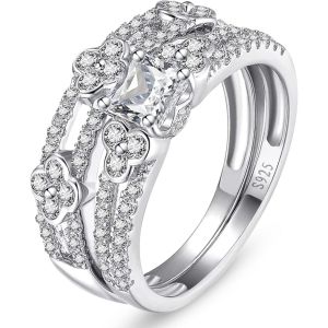 Kgabery-Ensemble De Bagues De Fiançailles Pour Femme En Argent Sterling 925 Coupe Princesse Avec Zircone Cubique Taille Ronde Trèfle À Quatre Feuilles Empilables Pour Femmes,Taille 49,3 (15,7) À 60 - Neuf