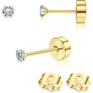 Kal-Pcs Boucles D'oreilles Titanium Boucle D'oreille Femme Or 14 Carats Boucles D'oreilles Flat Dot, Petite Boule Cz Flat Piercing Titane Oreille Cartilage Helix Piercing Oreille Homme, 2/3/4mm - Neuf