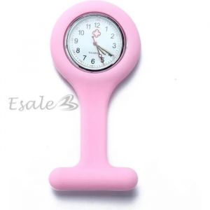 Montre Infirmière Poche À Quartz Rond En Silicone Rose Avec Broche Epingle Clip - Neuf