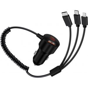 AYU-Chargeur Allume Cigare USB C Rapide 230W PD 3.0 Chargeur Voiture avec Câble Répartiteur USB C 3 en 1 Spiralé pour Téléphone Portable, Tablette, Casques (1m) - Neuf