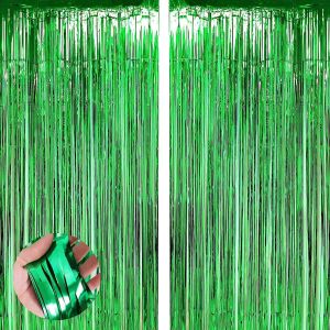 2 Rideau Métallique Tinsel Vert,Rideaux À Franges En Aluminium Vert Porte Fenêtre Décoration,Toile De Fond Pour Photos De Fête D'anniversaire,Noël Fêtes,Thème De La Jungle,Baby Shower Décor - Neuf