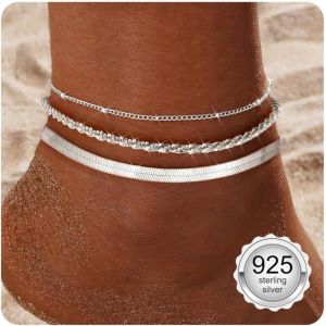 Kalanka-Bracelets De Cheville Pour Femme En Argent Sterling 925 Bracelets De Cheville Tendance Délicats Empilable Bracelet De Cheville Ajustable Corde Chaîne Perlée Pied Bijoux De Plage Pour Femme - Neuf
