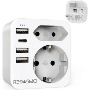 JGD-Adaptateur Prise Anglaise UK , Adaptateur de Voyage avec 2 Prises et 3 USB et 1 Type-C, France Europe vers UK pour Irlande Dubai Maldives, Chargeur , Type G - Neuf