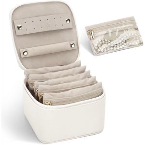 Subzonal-Petite Bo&icirc;te &Agrave; Bijoux De Voyage En Cuir Grain Litchi Avec 6 Poches Transparentes En Velours Pour Bijoux, Rangement Bijoux Pour Filles Pour Boucles D'oreilles, Bagues, Beige - Neuf