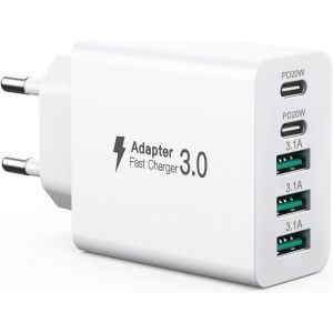 KALANKA-Chargeur USB C 50 W, 5 Ports Chargeur Multiple avec &iquest;2 USB-C et 3 USB-A&iquest; Bloc d'alimentation USB 50 W, Adaptateur Secteur Fast Charge PD 3.0 Compatible avec iPhone 12/13/14/15/Samsung/Tablet - Neuf
