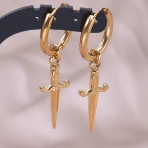 S909-G - Boucles D'oreilles Punk Croix Épée Pendentif,Cerceaux En Acier Inoxydable Pour Femmes Et Hommes,Accessoires Non Ternissants,Bijoux Vintage,Cadeau Arete - Neuf
