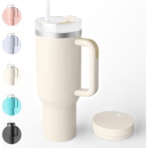 Eryi-1182ml 40oz Mug Isotherme Antifuites En Acier Inox, Double Isolée Sous Vide Tasse Isotherme Sans Bpa, Avec 2 Paille 2 Couvercles De Tasse Brosses De Nettoyage-Blanc Neige - Neuf