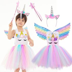 EHNGA-4PCS Robe de Princesse Licorne pour Filles, Costume de Licorne pour Enfants, Kit de Déguisements Licorne avec Ailes, Bâtons de Fée, Bandeau, Cadeau Carnaval, Cosplay - Neuf
