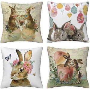 4 Pièces Housse De Coussin Lapin De Pâques Élément Styles Housse De Coussin Décorative Taies D'oreiller En Coton Et Lin (40 X 40 Cm,?Uf De Pâques Rose) - Neuf
