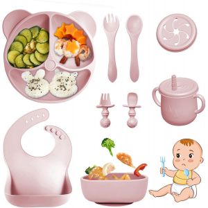 Kal-Coffret Repas Bebe 9 Pièces, Vaisselle Antiderapant Pour Bébé Set Silicone Avec Ventouse Assiette Bol Fourche Cuillère Bavoir Et Tasse, Assiette Enfant Set, Sans Bpa (Rose Clair) - Neuf
