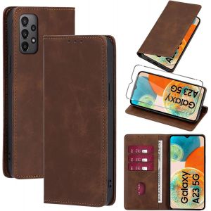KAL-Coque Cuir Pour Samsung Galaxy A23 5G 6.6"" Avec 1 Verre Trempé Etui À Rabat En Pu Porte-Cartes Portefeuille Support Flip Housse Magnétique Antichoc Anti-Rayures Case,Marron - Neuf