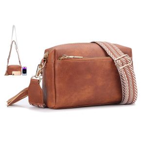 Sac bandouli&egrave;re ajustable pour filles avec triple fermeture &eacute;clair et bandouli&egrave;re guitare - Marron - Neuf