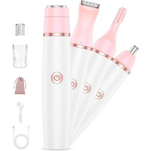 Tondeuse Intime Femme, Rasoir Electrique Femme: 4 En 1 Tondeuse Femme Intime Maillot Rasoir &Eacute;letctriques Indolore Pour Bikini/Aisselles/Jambes/Visage/Bras/Sourcils/Nez, Sec Et Humide, Rechargeable - Neuf