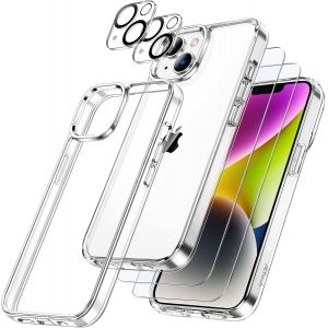 LORANKA-5 en 1 Coque pour iPhone 14 6,1 Pouces, Anti-Jaunissement avec 2 Protection D'&eacute;cran et 2 Cam&eacute;ra Arri&egrave;re Protecteur, Film en Verre Tremp&eacute; &agrave; Couverture Compl&egrave;te, Housse &Eacute;tui Antichoc (Clair) - Neuf