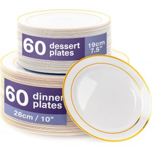 Vornixorsarlshop120 Assiettes En Plastique R&eacute;utilisables Blanches Premium Avec Bord Dor&eacute; (60 Plates, 60 Dessert) - Solide & Incassable Pour Mariages, Anniversaires, F&ecirc;tes - Neuf