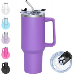 Eryi-Mug Isotherme Avec Paille, 1200ml Gourde Isotherme Avec Couvercle Multifonction, Tasse En Acier Inoxydable, Gobelet Café À Emporter Avec Poignée, Thermo Tumbler (Violet Foncé) - Neuf