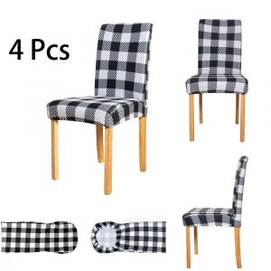 Housses De Chaise En Élasthanne, Amovibles, Universelles, Extensibles, À Carreaux Vichy, Pour Salle À Manger, Restaurant, Hôtel, Banquet, Cérémonie, Lot De 4, Motif Écossais Noir/Blanc - Neuf
