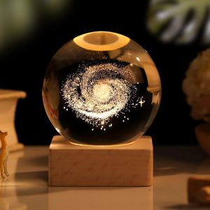 Bnhgc-Veilleuse 3d Système Solaire Usb - Boule De Cristal Planète Led Avec Socle En Bois - Lampe Créative Scène De Nuit Astronomique - Neuf