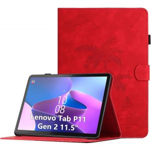 KAL-Coque Pour Lenovo Tab P11 (2Nd Gen) 11.5 Pouces 2022 Housse De Protection Multi-Angles &Eacute;tui En Cuir Pu Avec Fente Pour Carte, Auto R&eacute;veil/Sommeil, Rouge - Neuf