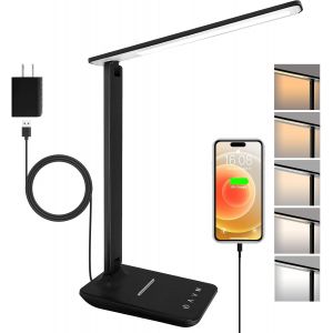 Nouvelhorizonstore-Lampe De Bureau Led Avec Adaptateur, Pliable Lampe De Chevet Dimmable Avec 5 Modes De Couleur Et 5 Niveaux De Luminosit&iquest;&iquest;, Port De Charge Usb, Pour Lecture Travail (Noir) - Neuf