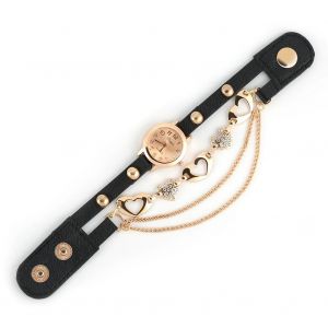 Femmes Quartz Pu Alliage Coeur Strass Cadran Rond Bracelet Montre &Agrave; Cha&icirc;ne (Noir) - Neuf
