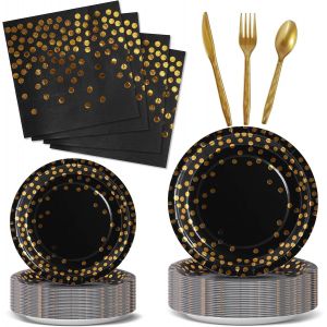Checarzhn--No1-Anniversaire Vaisselle De Fete 144 Pièces Noir Or Party Assiette Anniversaire Set Comprendre Papier Assiette Serviettesr Réutilisable Couverts Pour Party Decoration -24 Invités - Neuf