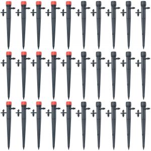 Lot de 30 goutteurs d'irrigation réglables à 360 degrés avec connecteur barbelé pour tuyau de 4/7 mm - Piquets d'égouttement - Système d'émetteur goutte à goutte - Noir et rouge - Neuf