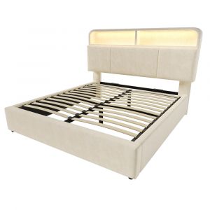 Lit double 160x200cm hydraulique LED/USB-C - velours beige (avec matelas) - Neuf